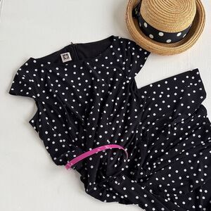 Anne Klein Navy and White Polka Dot Midi Dress Belted Fit Flare Cap Sleeve Large